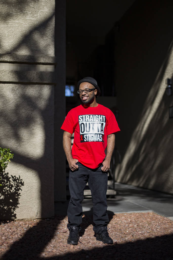 Comedian Brandon Cox Sanford outside his home in Henderson, Tuesday, Feb. 19, 2019. Cox Sanford was born with HIV and brings it up in his standup sets to destigmatize the virus. (Rachel Aston/Las ...