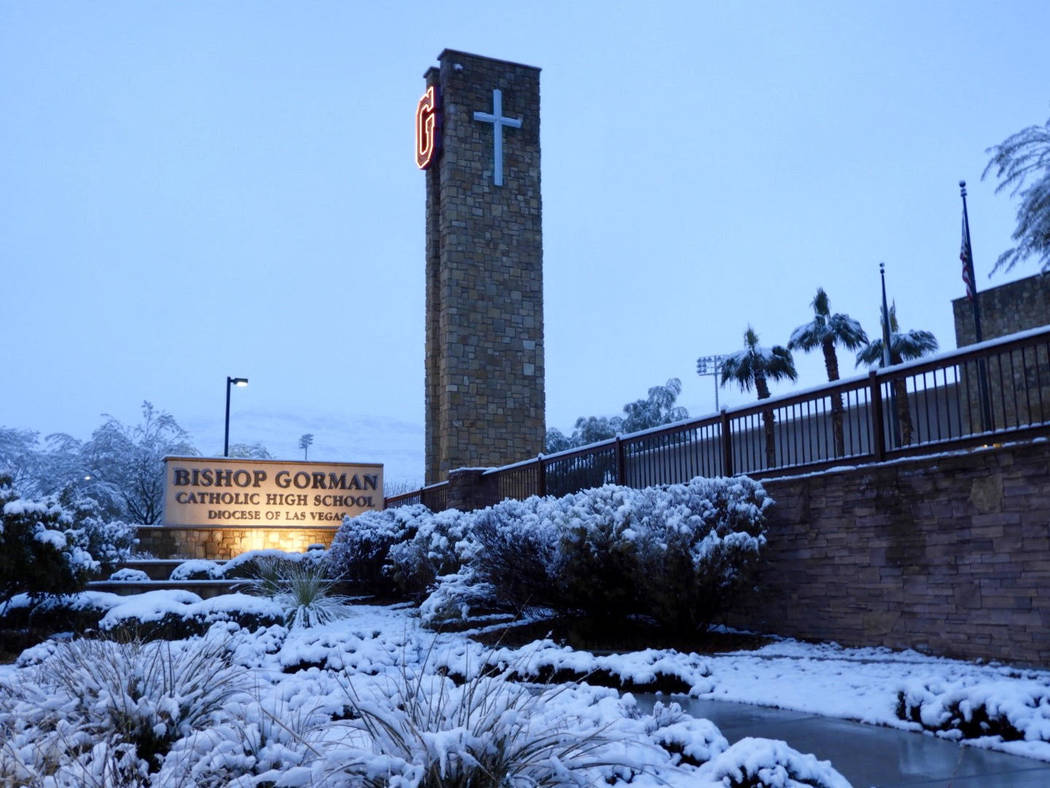 Snow outside Bishop Gorman High School on Thursday, Feb. 21, 2019. (Mat Luschek/Las Vegas Review-Journal)