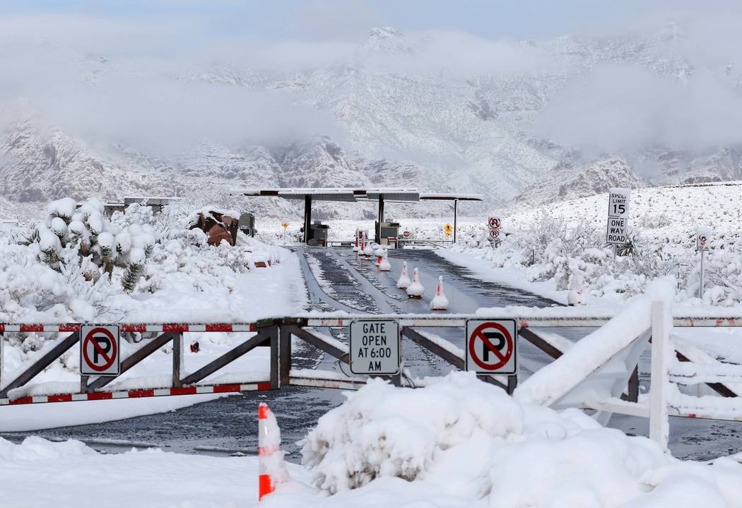 The main entrance to Red Rock Canyon National Conservation Area outside Las Vegas keeps its gates closed due to snow fall in the area, Thursday, Feb. 21, 2019. (Heidi Fang /Las Vegas Review-Journa ...