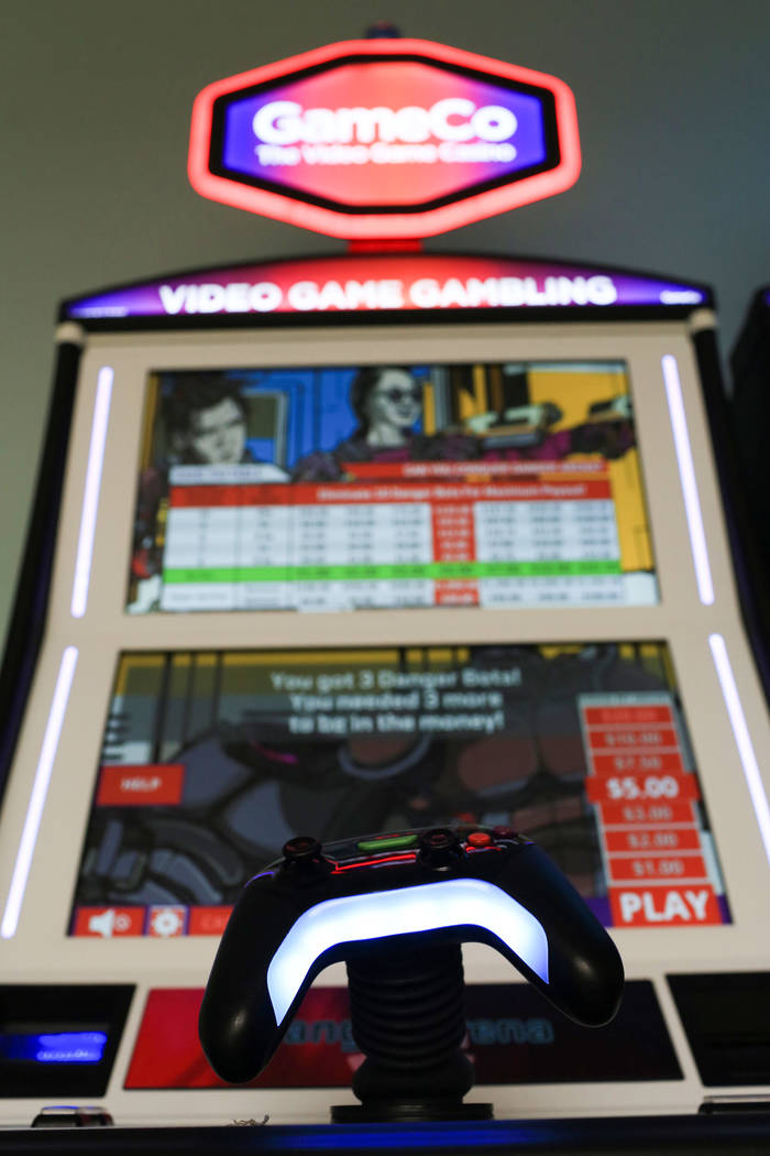 A controller is attached to some GameCo machines, one of the unique facets to the gaming machines made for people who grew up on video games, at the GameCo office in Las Vegas on Friday, March 10, ...