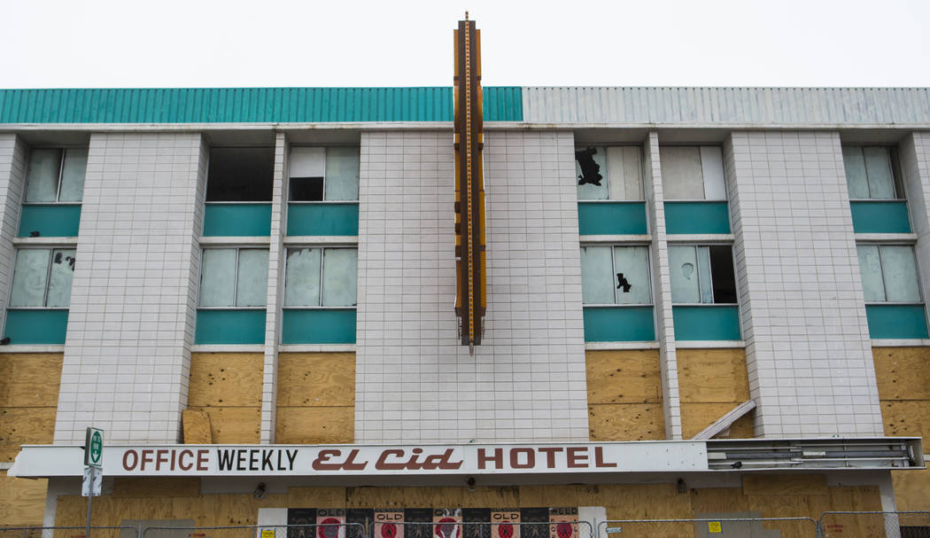 A view of the El Cid Hotel from 6th Street near Bridger Avenue in downtown Las Vegas on Thursday, Feb. 21, 2019. The Las Vegas City Council took steps to demolish the hotel, and its annexation bui ...