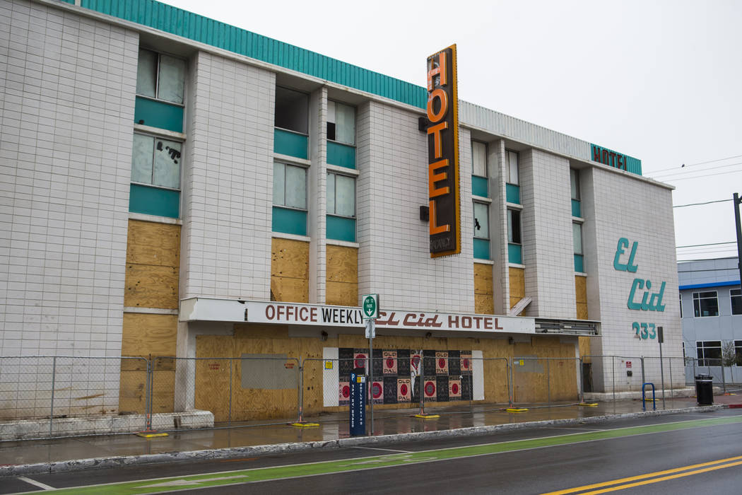 A view of the El Cid Hotel from 6th Street near Bridger Avenue in downtown Las Vegas on Thursday, Feb. 21, 2019. The Las Vegas City Council took steps to demolish the hotel, and its annexation bui ...