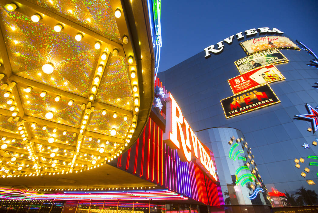 Exterior lights as seen Monday, April 20, 2015 at the Riviera hotel-casino in Las Vegas. (Las Vegas Review-Journal)