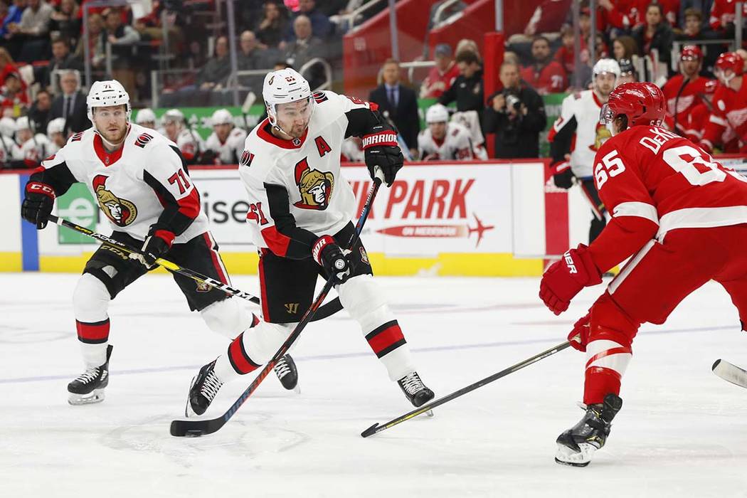 Ottawa Senators right wing Mark Stone (61) shoots against the Detroit Red Wings in the first period of an NHL hockey game Thursday, Feb. 14, 2019, in Detroit. (Paul Sancya/AP)