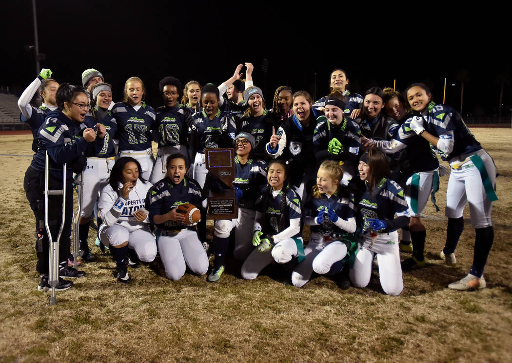 Green Valley celebrates after defeating Bonanza 14-13 in Class 4A state flag football championship game at Cimarron High School Monday, Feb. 25, 2019, in Las Vegas. (David Becker/Las Vegas Review- ...