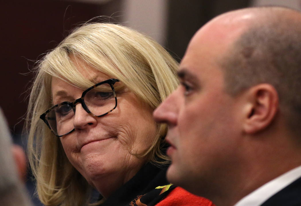 Ellen Whittemore, EVP, counsel at Wynn Resorts, left, and Matt Maddox, CEO of Wynn Resorts Ltd., attend a meeting of the Nevada Gaming Commission on Tuesday, Feb. 26, 2019, in Las Vegas. Bizuayehu ...