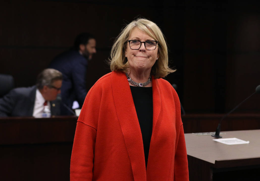Ellen Whittemore, EVP, counsel at Wynn Resorts, returns to her seat during a meeting of the Nevada Gaming Commission on Tuesday, Feb. 26, 2019, in Las Vegas. Bizuayehu Tesfaye Las Vegas Review-Jou ...