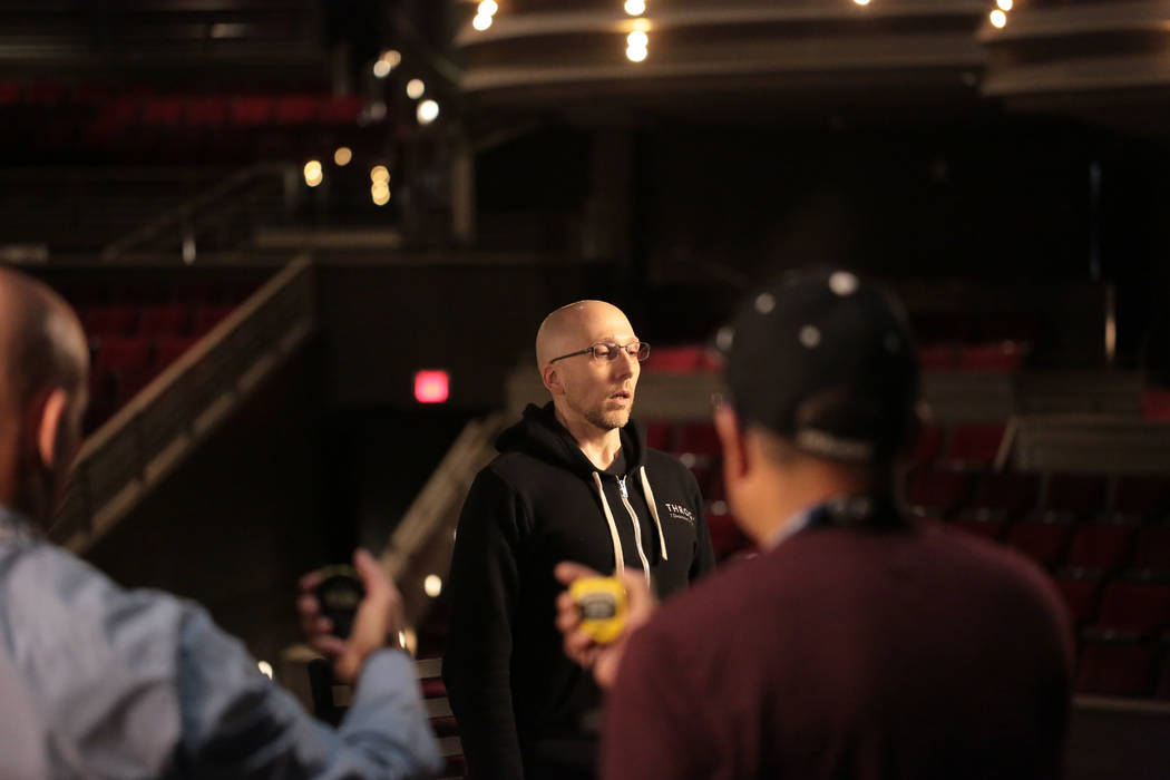 Richard Fink IV sets the record of 1 minutes, 53.36 seconds for the longest sustained note at Pearl Theater at the Palms on Monday, Feb. 25, 2019. (Edison Graff)