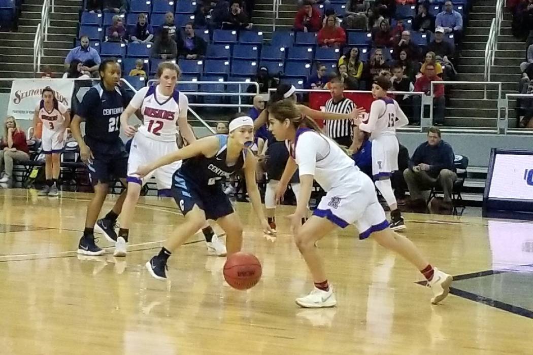 Melanie Isbell dribbles the ball against Reno on Thursday, Feb. 22, 2018 at Lawlor Events Center in Reno. Centennial beat Reno High 68-30 in the Class 4A state semifinals. (Damon Seiters/Las Vegas ...