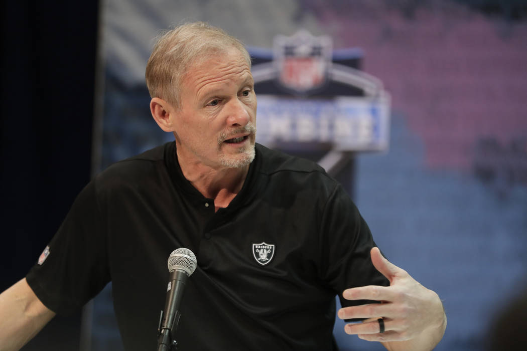 Oakland Raiders general manager Mike Mayock speaks during a press conference at the NFL football scouting combine in Indianapolis, Wednesday, Feb. 27, 2019. (AP Photo/Michael Conroy)