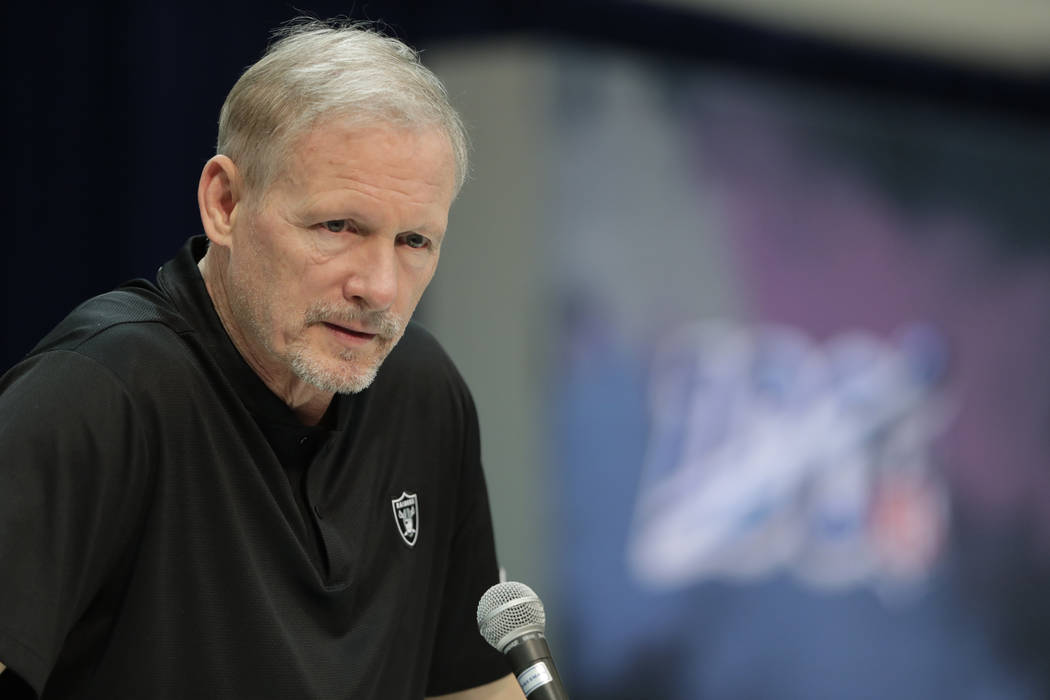Oakland Raiders general manager Mike Mayock speaks during a press conference at the NFL football scouting combine in Indianapolis, Wednesday, Feb. 27, 2019. (AP Photo/Michael Conroy)