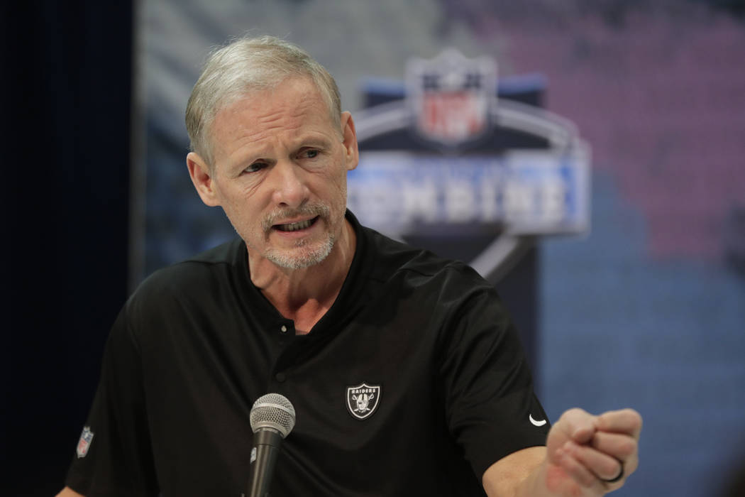Oakland Raiders general manager Mike Mayock speaks during a press conference at the NFL football scouting combine in Indianapolis, Wednesday, Feb. 27, 2019. (AP Photo/Michael Conroy)
