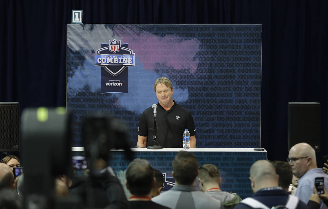 Oakland Raiders head coach Jon Gruden speaks during a press conference at the NFL football scouting combine, Thursday, Feb. 28, 2019, in Indianapolis. (AP Photo/Darron Cummings)