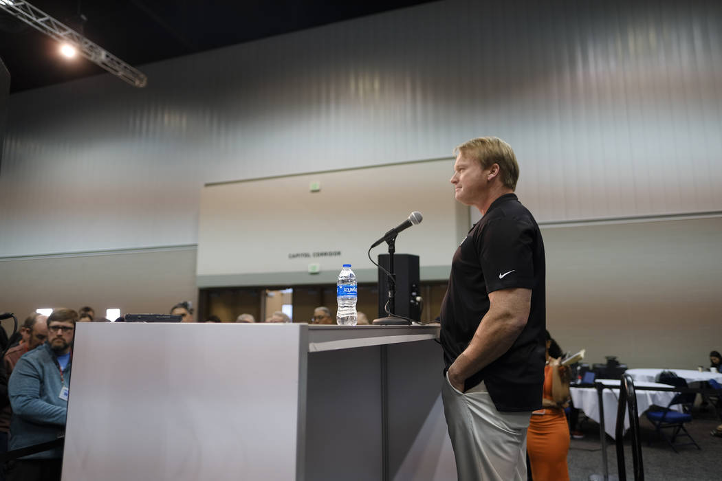 Oakland Raiders head coach Jon Gruden speaks during a press conference at the NFL football scouting combine in Indianapolis, Thursday, Feb. 28, 2019. Purdue won 73-56. (AP Photo/AJ Mast)