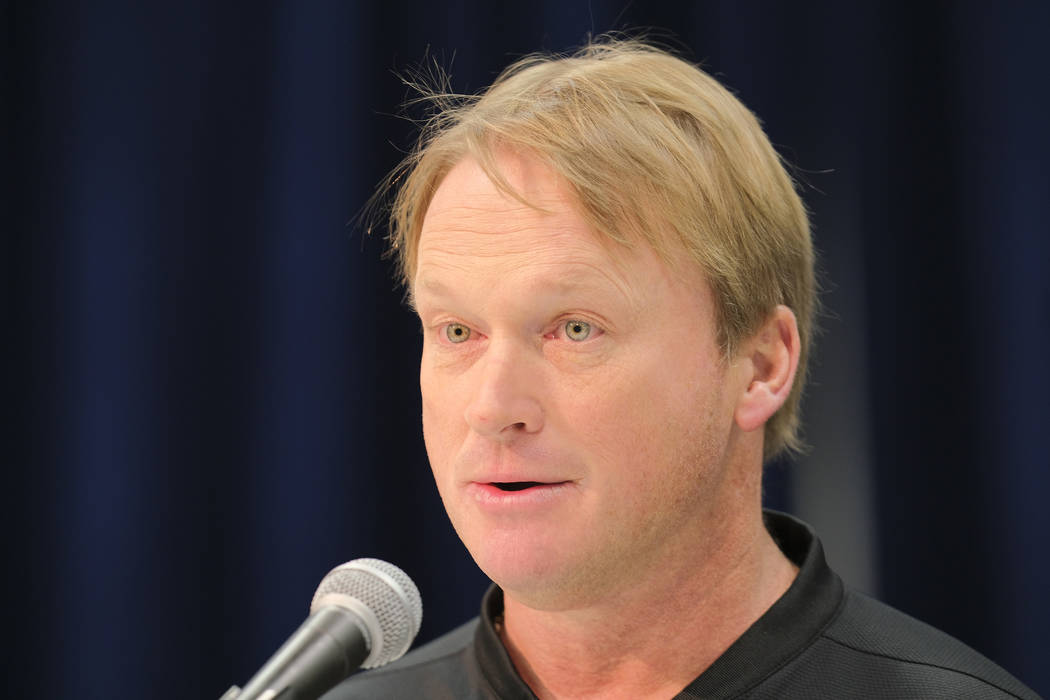 Oakland Raiders head coach Jon Gruden speaks during a press conference at the NFL football scouting combine in Indianapolis, Thursday, Feb. 28, 2019. Purdue won 73-56. (AP Photo/AJ Mast)