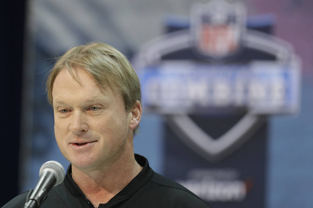 Oakland Raiders head coach Jon Gruden speaks during a press conference at the NFL football scouting combine, Thursday, Feb. 28, 2019, in Indianapolis. (AP Photo/Darron Cummings)