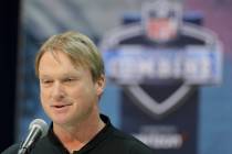 Oakland Raiders head coach Jon Gruden speaks during a press conference at the NFL football scouting combine, Thursday, Feb. 28, 2019, in Indianapolis. (AP Photo/Darron Cummings)