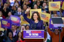 Democratic Sen. Kamala Harris, of California, waves to the crowd as she formally launches her presidential campaign at a rally in her hometown of Oakland, Calif., Sunday, Jan. 27, 2019. (Tony Avel ...