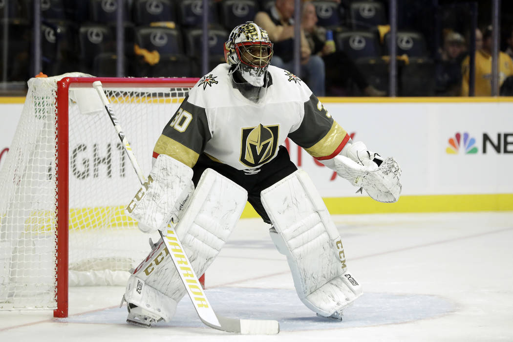 Vegas Golden Knights goaltender Malcolm Subban plays against the Nashville Predators in the second period of an NHL hockey game Tuesday, Oct. 30, 2018, in Nashville, Tenn. (AP Photo/Mark Humphrey)