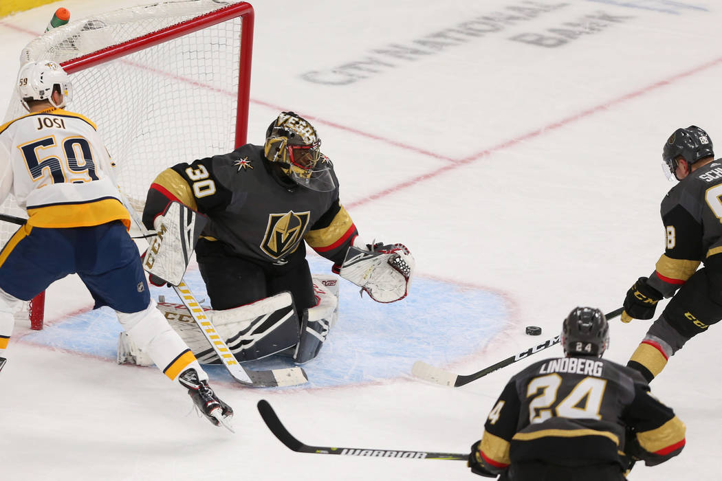 Vegas Golden Knights goaltender Malcolm Subban (30) defends against the Nashville Predators during the second period of an NHL hockey game at T-Mobile Arena in Las Vegas, Saturday, Feb. 16, 2019. ...