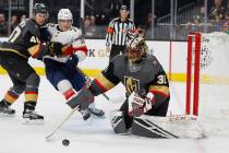 Vegas Golden Knights goaltender Malcolm Subban (30) blocks a shot by the Florida Panthers during the first period of an NHL hockey game Thursday, Feb. 28, 2019, in Las Vegas. Vegas Golden Knights ...