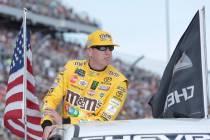 Kyle Busch during driver introductions before the NASCAR Daytona 500 auto race at Daytona International Speedway, Sunday, Feb. 17, 2019, in Daytona Beach, Fla. (AP Photo/John Raoux)