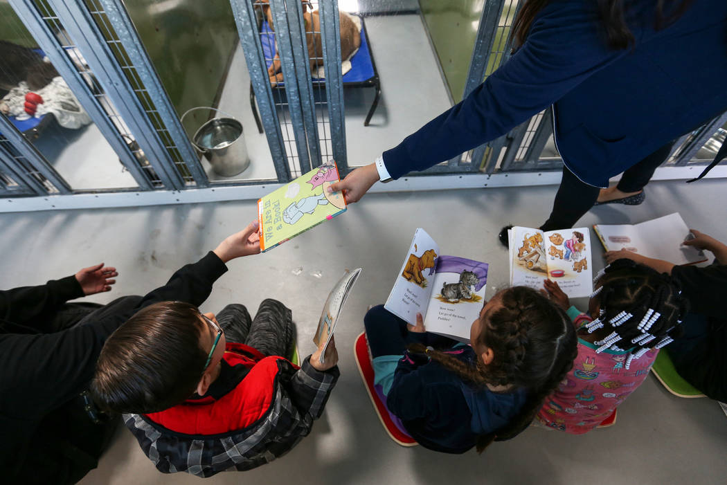 First-graders participate in the 4th Annual "Reading to Dogs in Kennels" event at The Animal Foundation during Nevada Reading Week in Las Vegas, Thursday, Feb. 28, 2019. (Caroline Brehman/Las Vega ...