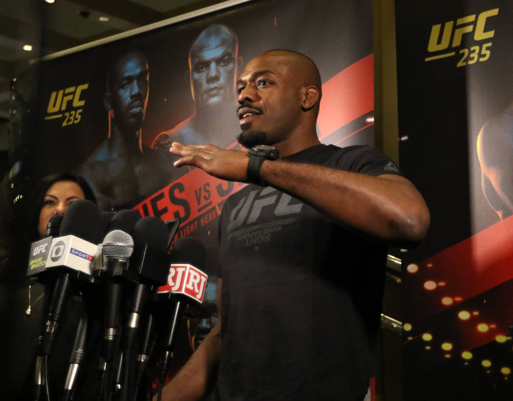 UFC light heavyweight champion Jon Jones answers questions from the media during UFC 235 open workouts at the MGM Grand hotel-casino in Las Vegas, Thursday, Feb. 28, 2019. (Heidi Fang /Las Vegas R ...