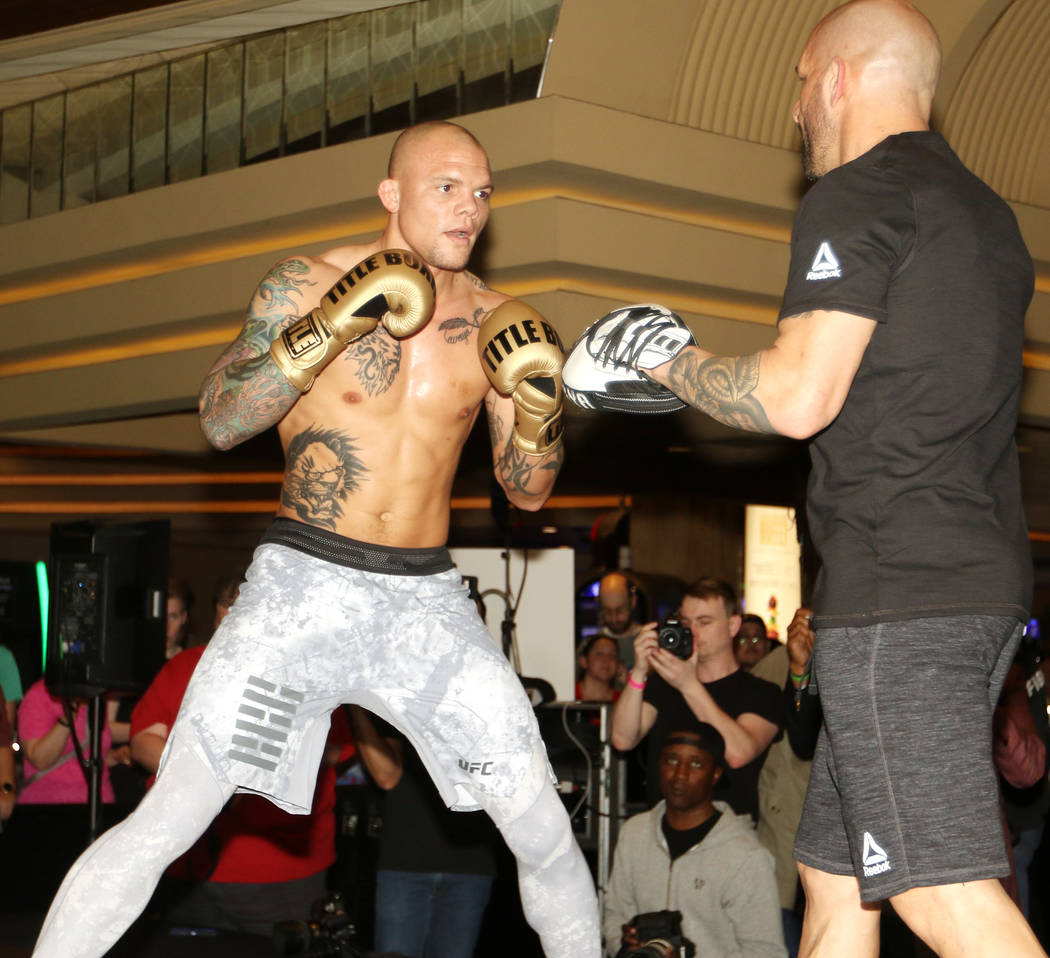 UFC light heavyweight Anthony Smith hits mitts at UFC 235 open workouts at the MGM Grand hotel-casino in Las Vegas, Thursday, Feb. 28, 2019. (Heidi Fang /Las Vegas Review-Journal) @HeidiFang