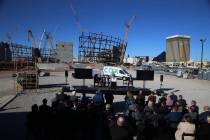 Raiders president Marc Badain speaks during a press conference at the Raiders stadium construction site in Las Vegas, Thursday, Feb. 28, 2019. Cox Communications is becoming a founding partner of ...