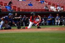 Grant Robbins, shown batting last season, went 3-for-5 with an RBI and scored the decisive run in UNLV's 4-3, 10-inning win at Fresno State on Friday. (Andrea Cornejo/Las Vegas Review-Journal @dre ...