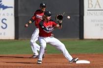 UNLV shortstop Bryson Stott, shown covering second base in May, drew five walks — four intentional — in the Rebels' 3-2, 15-inning win over Bradley on Friday at Wilson Stadium. (UNLV photo)