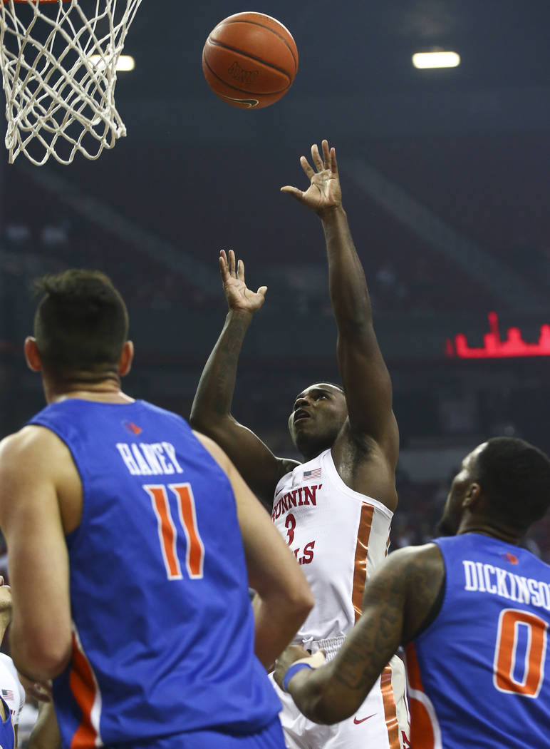 UNLV Rebels guard Amauri Hardy (3) shoots against Boise State during the first half of a basketball game at the Thomas & Mack Center in Las Vegas on Saturday, March 2, 2019. (Chase Stevens/Las ...