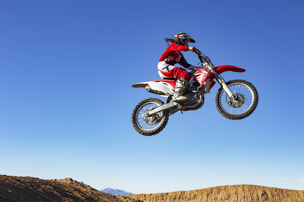 Angie Wright rides the Western Raceway track outside White Hills, Arizona, Sunday, Feb. 24, 2019. Wright will be racing in the Mint 400's motorcycle race, the first dirt bike race for the event si ...