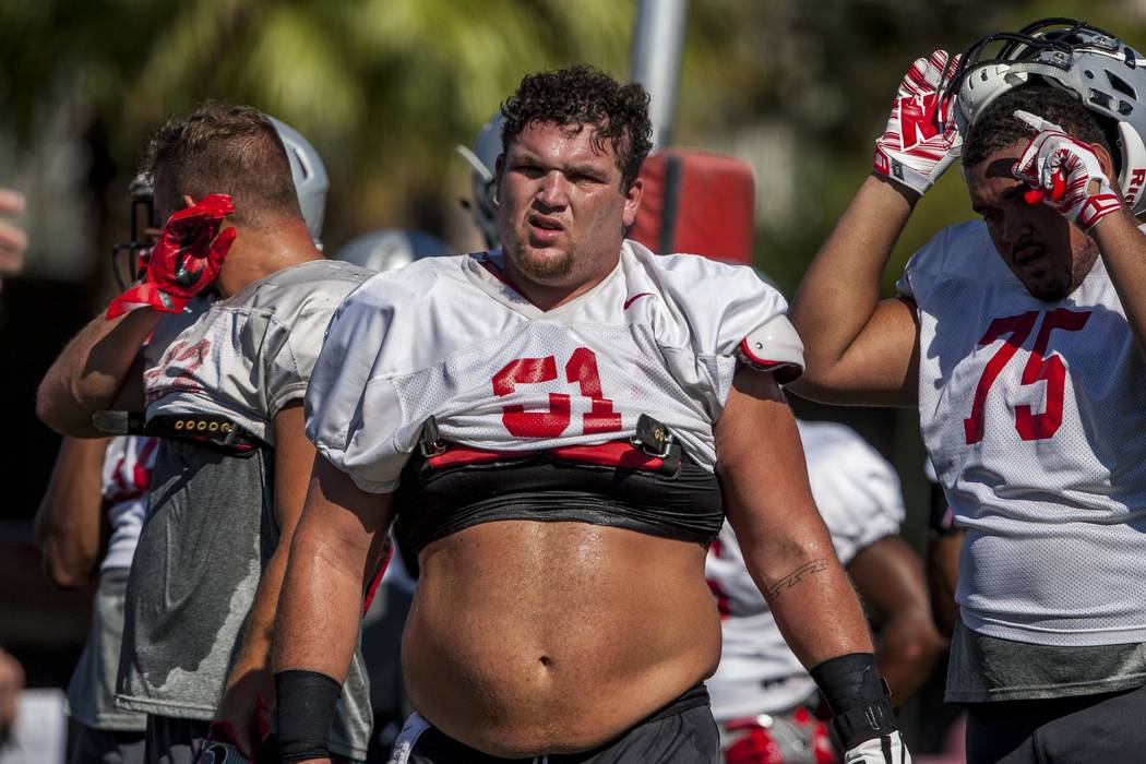 UNLV center Zack Singer takes a break during training camp at Rebel Park on Tuesday, Aug. 8, 2017. Patrick Connolly Las Vegas Review-Journal @PConnPie