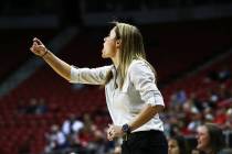 Nevada Wolf Pack head coach Amanda Levens directs her team against the San Diego State Aztecs reach during the Mountain West Conference tournament at the Thomas and Mack Center in Las Vegas on Mon ...