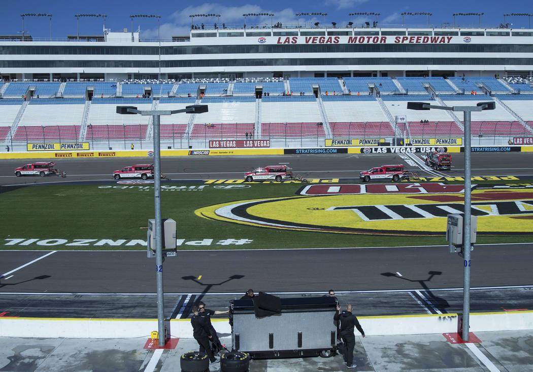 The track at Las Vegas Motor Speedway is dried after early morning showers delayed practice on Saturday, March 2, 2019, in Las Vegas. (Benjamin Hager Review-Journal) @BenjaminHphoto
