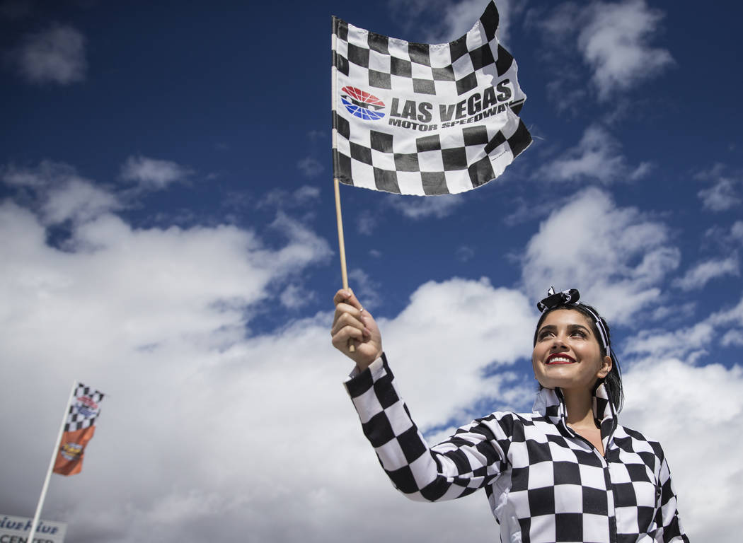 Gabrielle Zapata, with Doucette Entertainment, promotes Las Vegas Motor Speedway on Saturday, March 2, 2019, in Las Vegas. (Benjamin Hager Review-Journal) @BenjaminHphoto