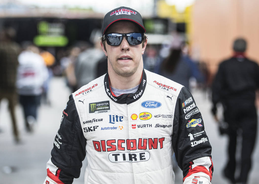 Brad Keselowski (2) walks in pit row after completing his practice run on Saturday, March 2, 2019, at Las Vegas Motor Speedway, in Las Vegas. (Benjamin Hager Review-Journal) @BenjaminHphoto