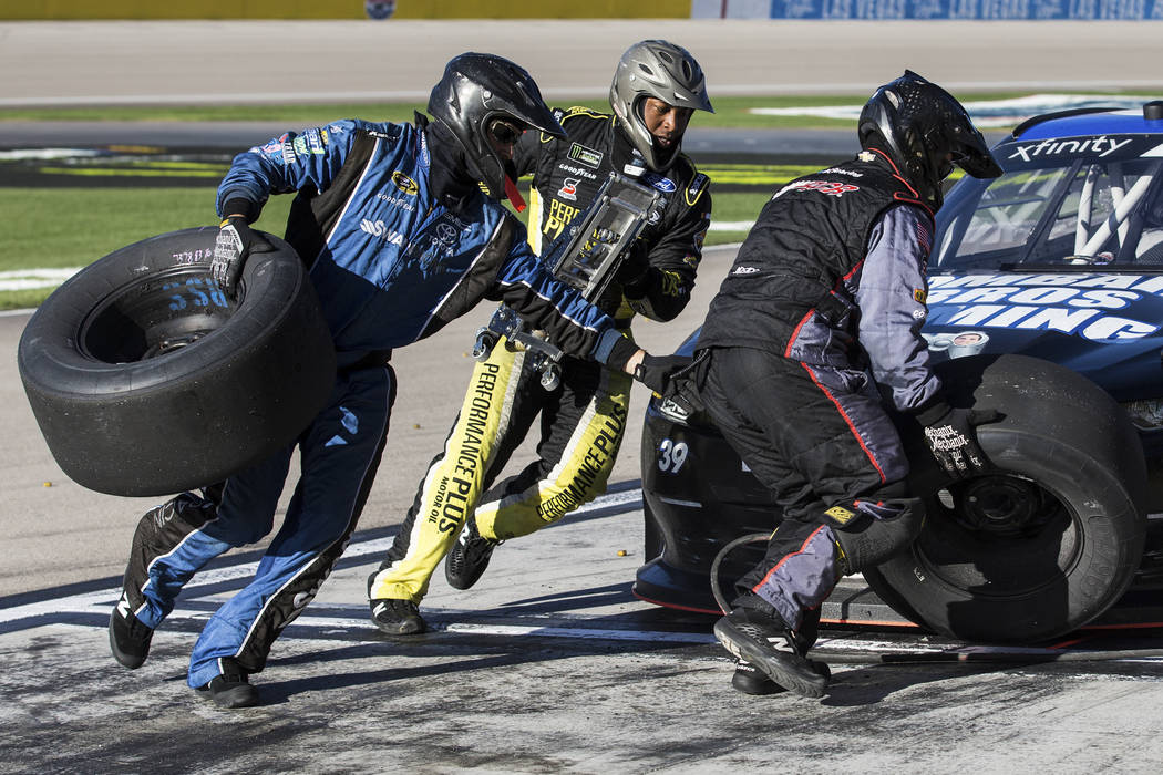 Driver Ryan Sieg's pit crew works on his 39 car during the NASCAR Xfinity Series Boyd Gaming 300 on Saturday, March 2, 2019, at Las Vegas Motor Speedway, in Las Vegas. (Benjamin Hager Review-Journ ...
