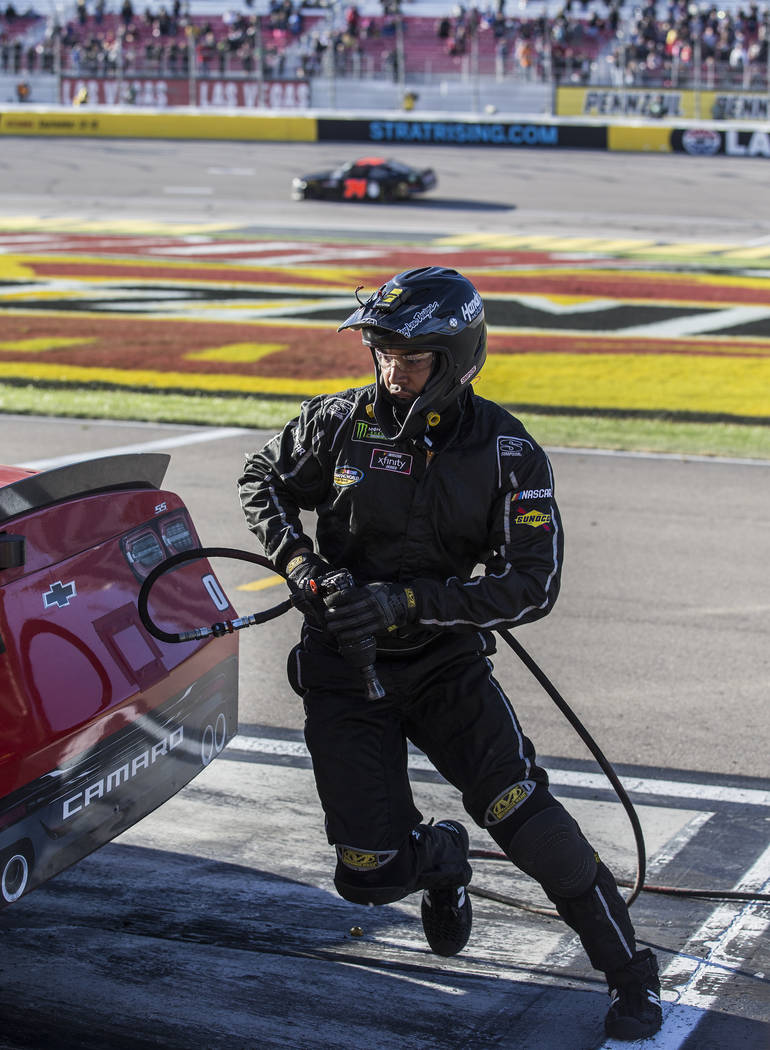 Garrett Smithley's pit crew works on his 0 car during the NASCAR Xfinity Series Boyd Gaming 300 on Saturday, March 2, 2019, at Las Vegas Motor Speedway, in Las Vegas. (Benjamin Hager Review-Journa ...