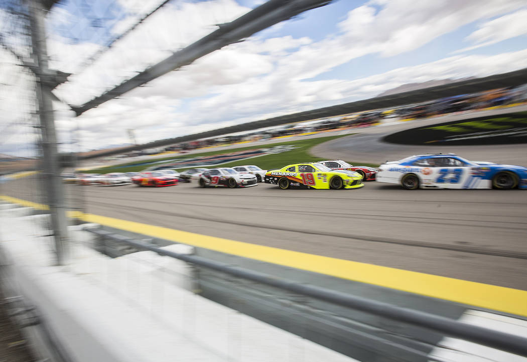 Drivers race around turn one during the NASCAR Xfinity Series Boyd Gaming 300 on Saturday, March 2, 2019, at Las Vegas Motor Speedway, in Las Vegas. (Benjamin Hager Review-Journal) @BenjaminHphoto
