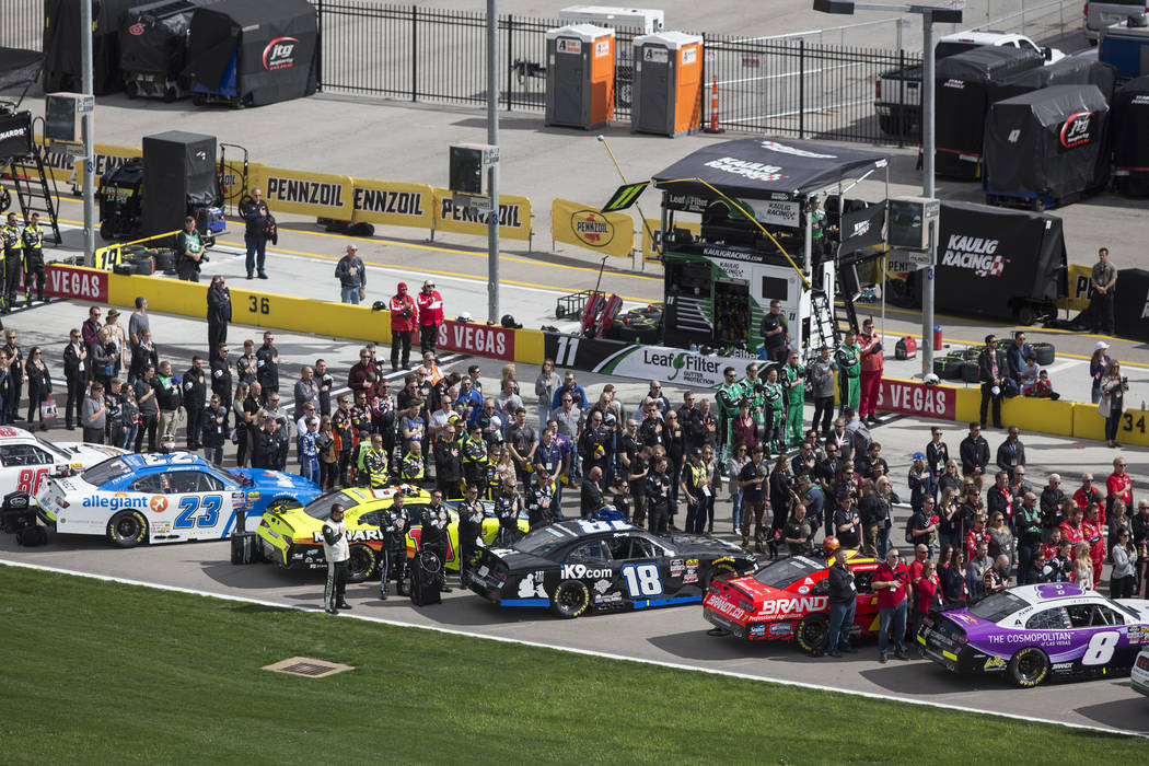 Drivers line up before the start of the NASCAR Xfinity Series Boyd Gaming 300 on Saturday, March 2, 2019, at Las Vegas Motor Speedway, in Las Vegas. (Benjamin Hager Review-Journal) @BenjaminHphoto