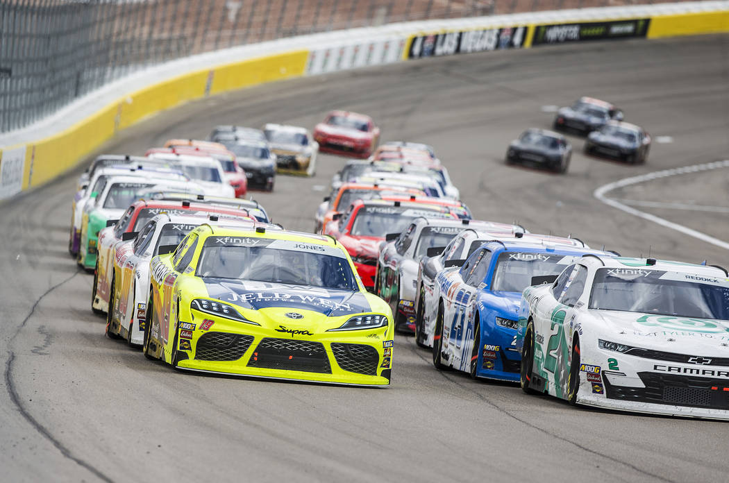 Drivers race around turn one during the NASCAR Xfinity Series Boyd Gaming 300 on Saturday, March 2, 2019, at Las Vegas Motor Speedway, in Las Vegas. (Benjamin Hager Review-Journal) @BenjaminHphoto