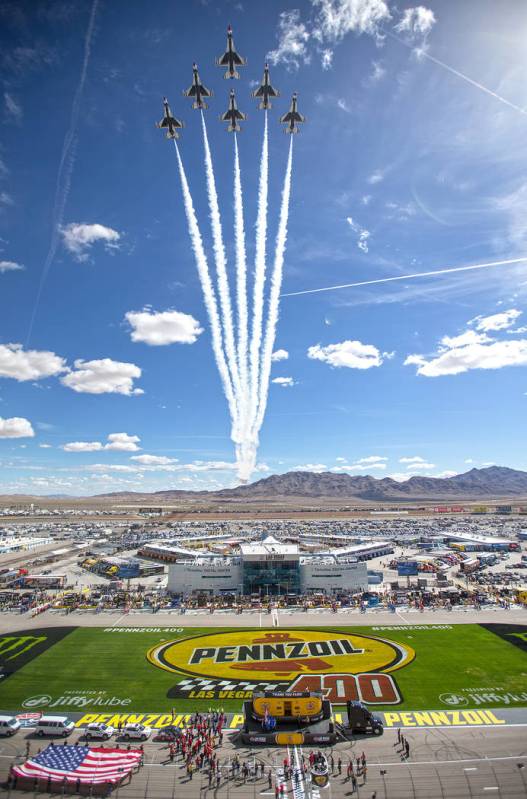 The United States Air Force Thunderbirds fly over Las Vegas Motor Speedway before the start of the Monster Energy NASCAR Cup Series Pennzoil 400 on Sunday, March 3, 2019, in Las Vegas. (Benjamin H ...