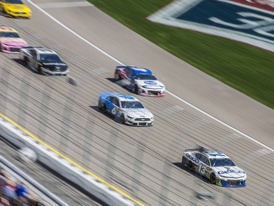 Ty Dillon (13) leads a pack of racers during the Monster Energy NASCAR Cup Series Pennzoil 400 on Sunday, March 3, 2019, at Las Vegas Motor Speedway, in Las Vegas. (Benjamin Hager Review-Journal) ...