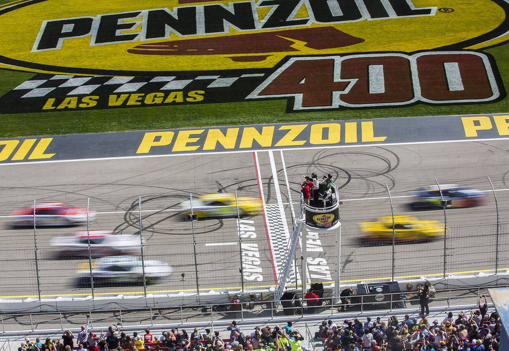 Racers compete in the Monster Energy NASCAR Cup Series Pennzoil 400 on Sunday, March 3, 2019, at Las Vegas Motor Speedway, in Las Vegas. (Benjamin Hager Review-Journal) @BenjaminHphoto