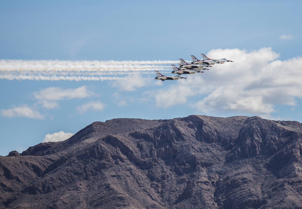 The United States Air Force Thunderbirds prepare to do a flyover at Las Vegas Motor Speedway before the start of the Monster Energy NASCAR Cup Series Pennzoil 400 on Sunday, March 3, 2019, in Las ...