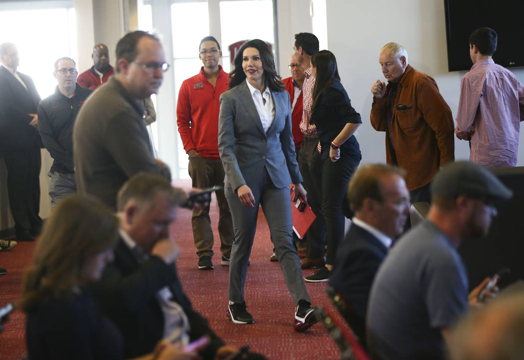 UNLV athletic director Desiree Reed-Francois arrives to talk about the search for a new basketball head coach in Las Vegas on Friday, March 15, 2019. Marvin Menzies, who led the program for three ...