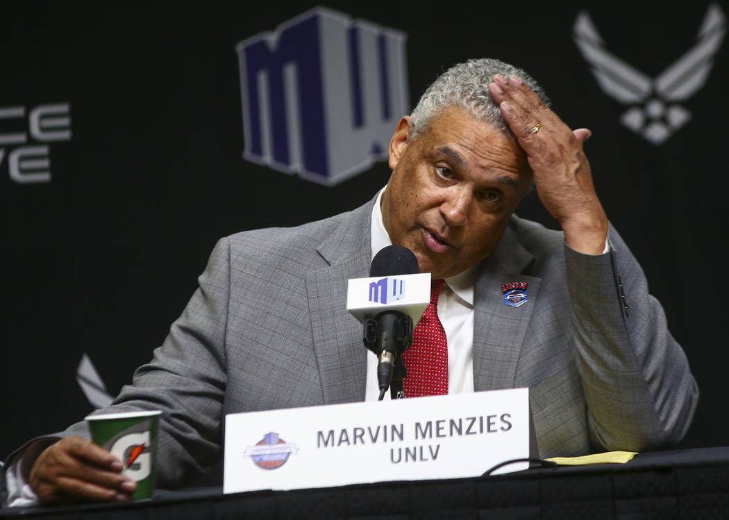 UNLV Rebels head coach Marvin Menzies speaks after his team's loss to San Diego State in the Mountain West men's basketball tournament at the Thomas & Mack Center in Las Vegas on Thursday, Mar ...